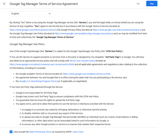 Accept Googles Terms of User Tag Manager