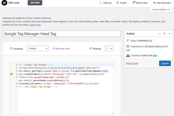 Adding Google Tag to Elementor