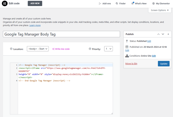 Adding Google Tag to Elementor