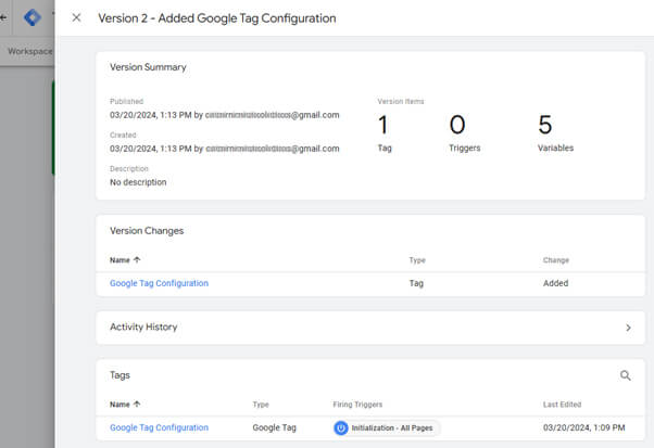 Published Container Tag Manager